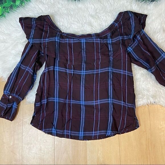 Loft purple plaid casual off the shoulder ruffled sleeves top blouse S - Picture 2 of 15